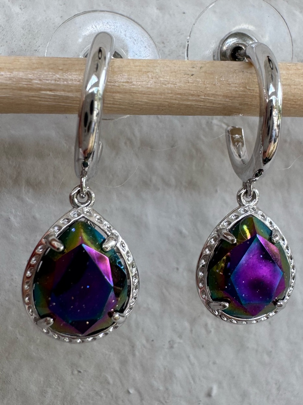 Kendra Scott Sami Silver & Purple Dichroic Glass Huggie Drop Earrings